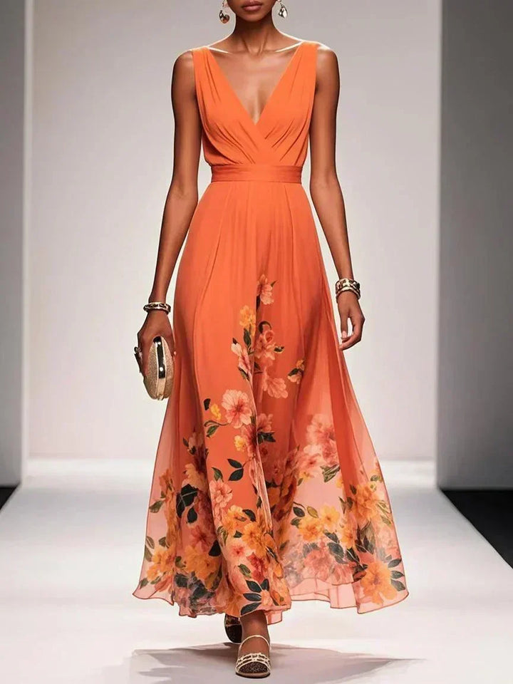 Elegant women's floral V-neck maxi dress, the perfect summer wedding guest or party outfit.