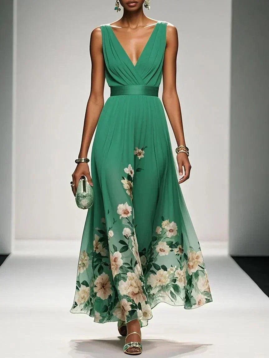 Ladies' stylish floral V-neck summer maxi dress, great for weddings, holiday celebrations & parties.