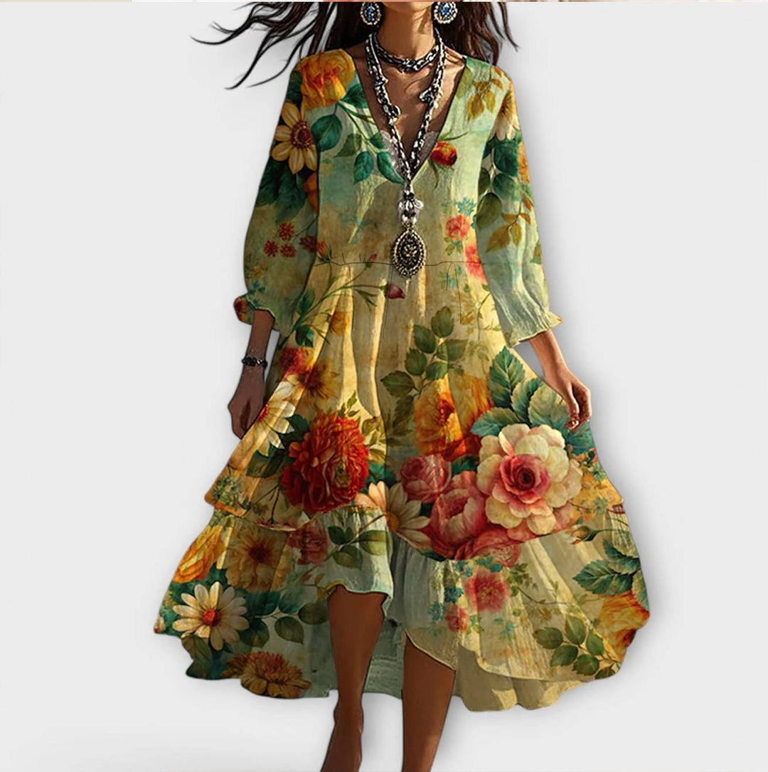 Women's elegant floral V-neck midi dress for chic occasions, perfect for summer parties, comfortable & stylish.