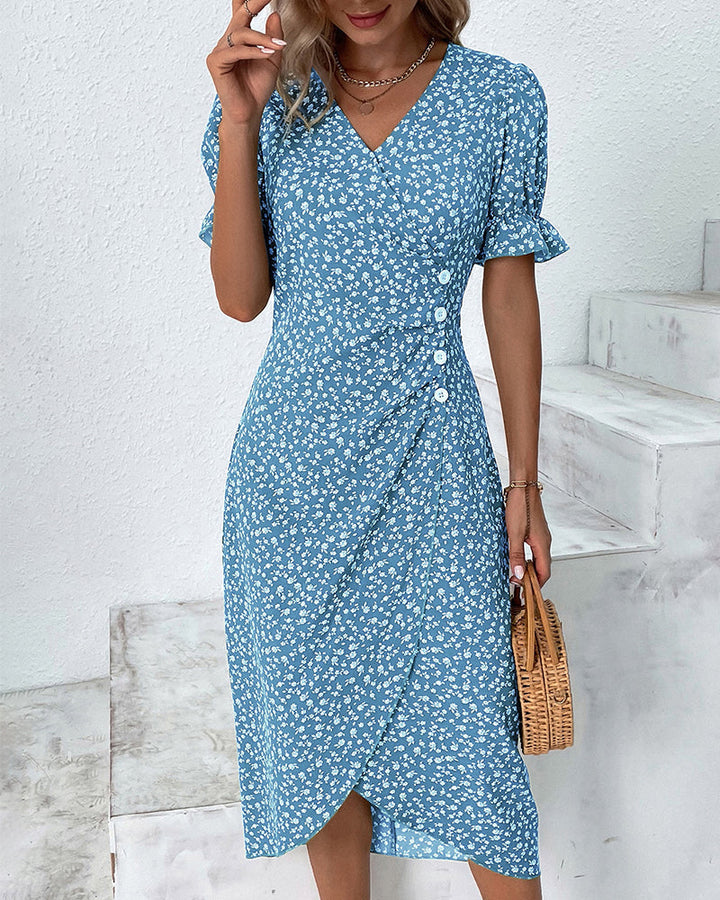 Feminine floral print wrap midi dress, an elegant choice for women's spring & summer.