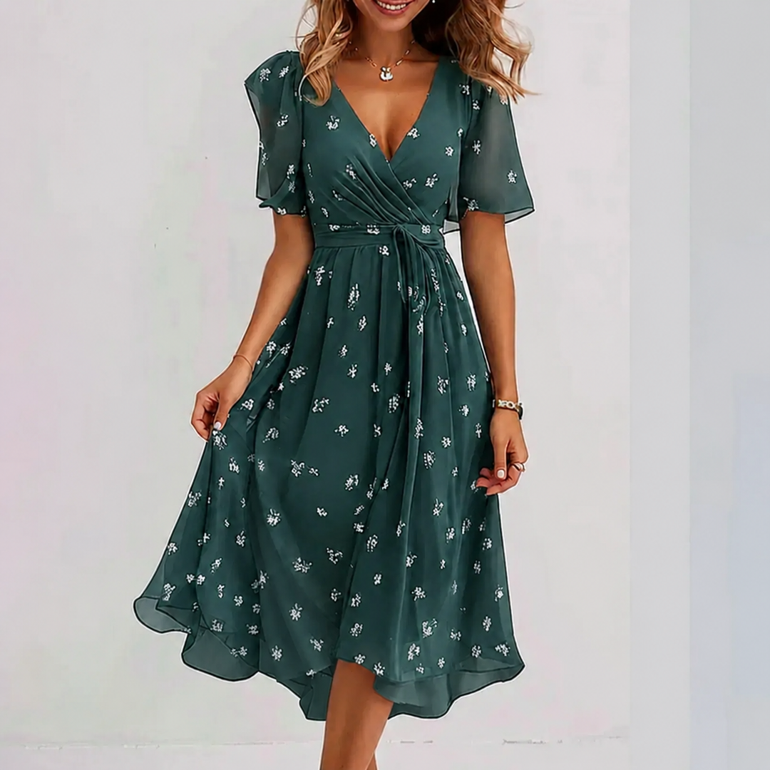 Women's elegant floral wrap midi dress with V-neck and A-line skirt, perfect for spring/summer.