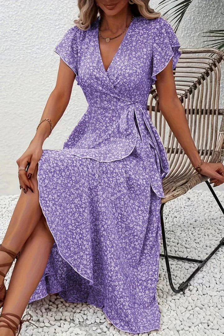 Asymmetric hem floral midi dress, a comfortable and stylish wrap-around for women.
