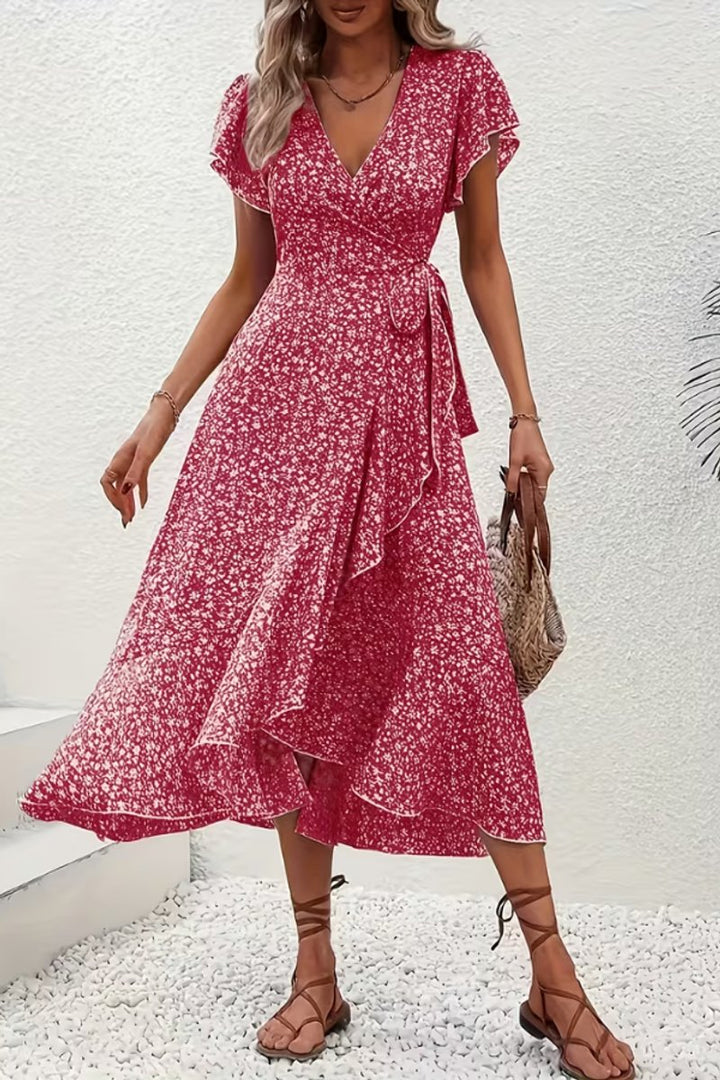 Summer party floral wrap midi dress, featuring a V-neck and graceful asymmetric hem.