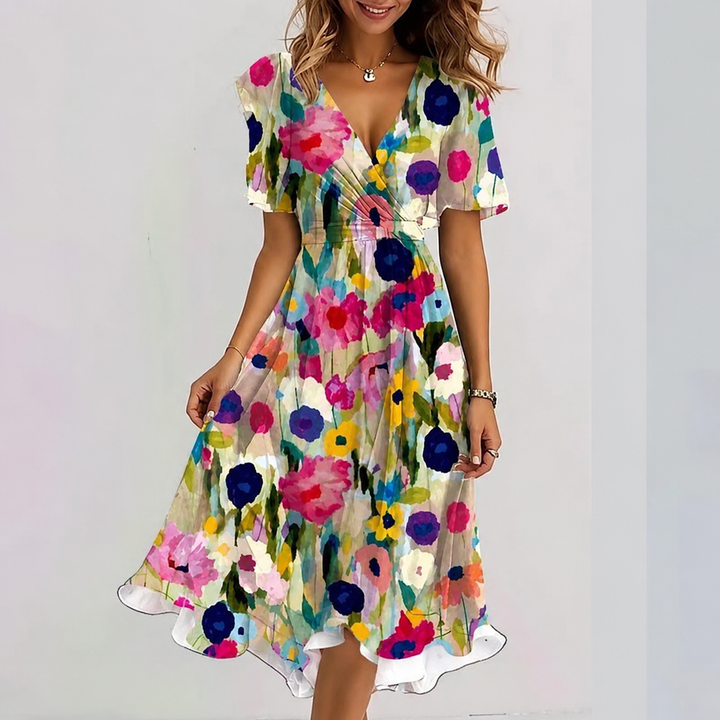 Flattering V-neck floral print A-line wrap midi dress for women, ideal for spring and summer.