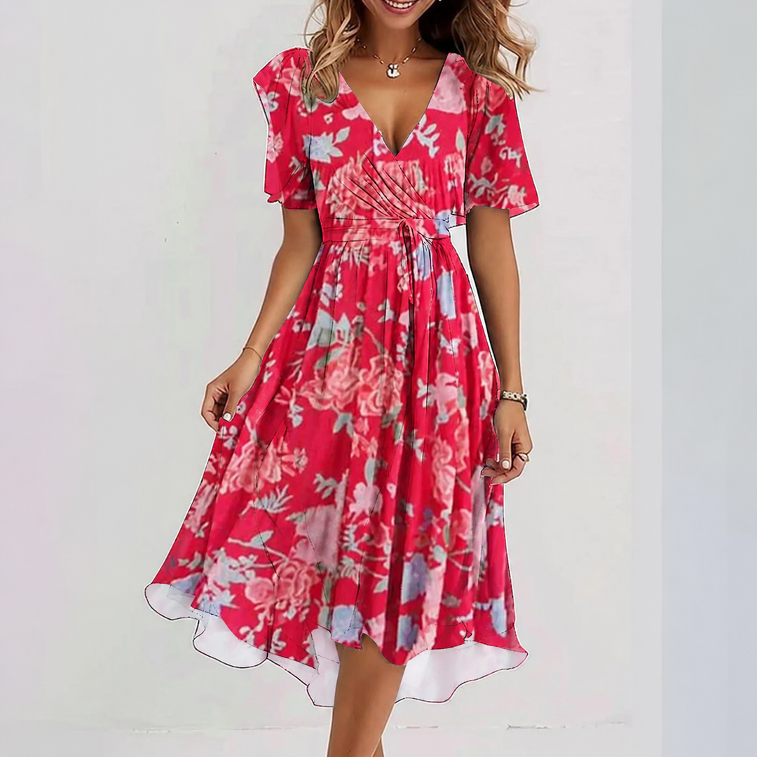 Women's stylish floral print V-neck wrap midi dress, an elegant & versatile choice for any occasion.