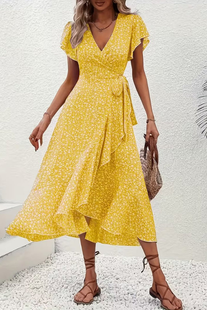 Sophisticated floral midi dress, a wrap-style gown for women, perfect for elegant occasions.