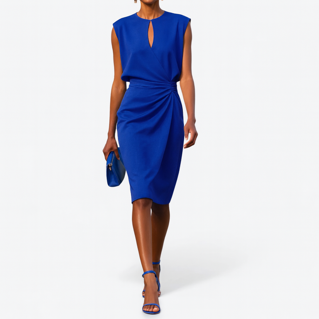 Elegant women's midi dress in a flowing fabric, perfect for a wedding guest or formal party. Classic look.