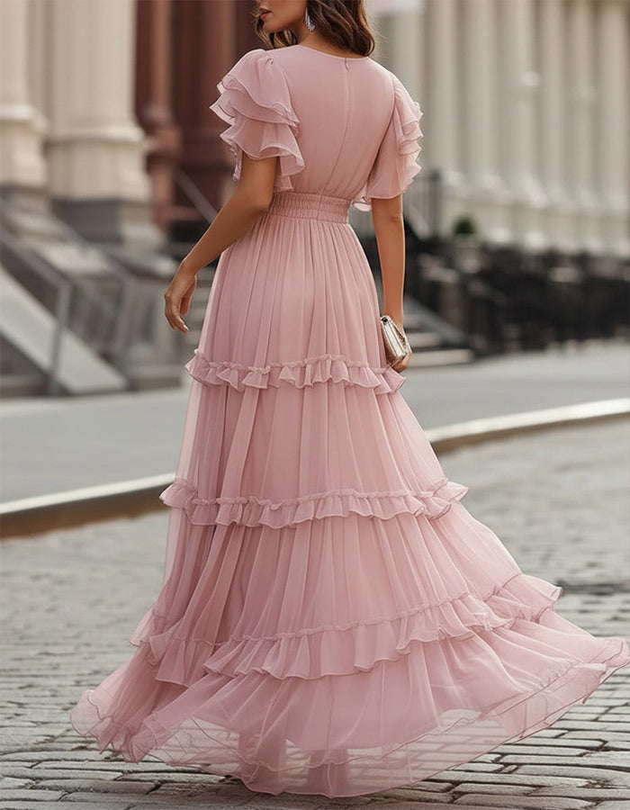 Elegant women's V-neck maxi dress, flowing silhouette, ruffled hem for formal events.