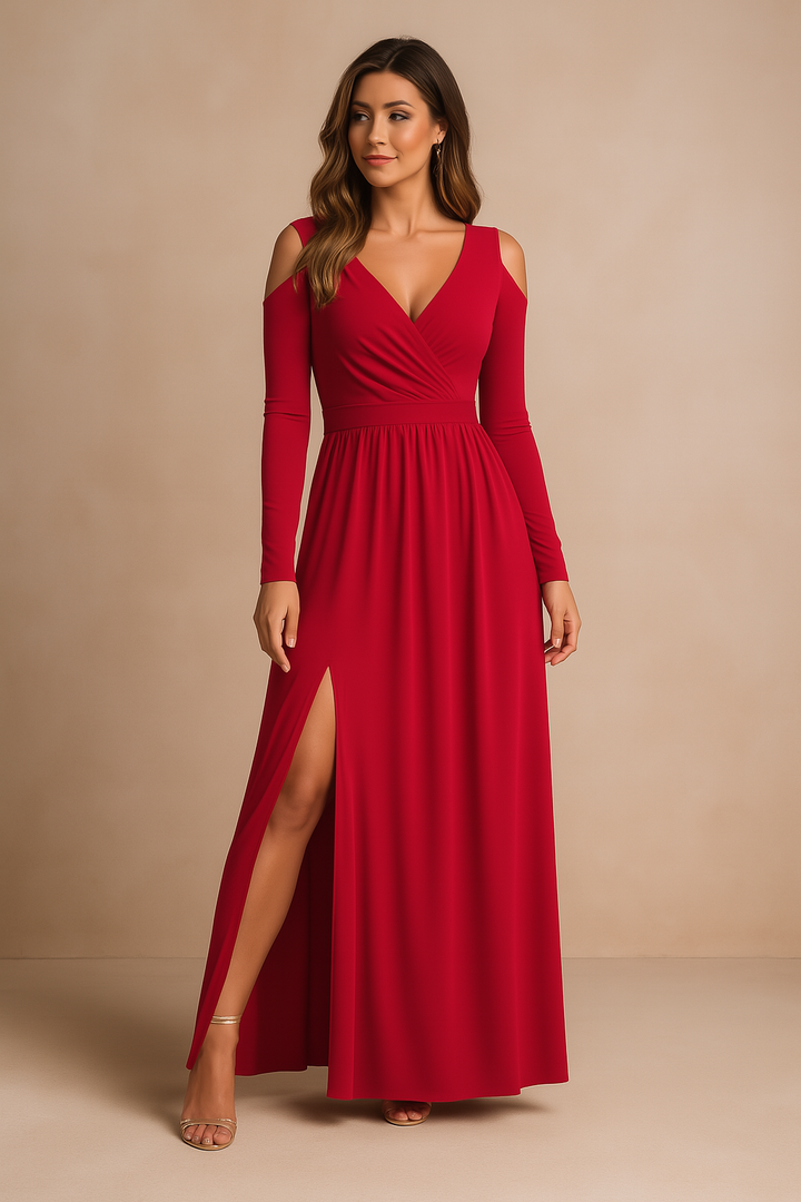 Long black flowy maxi dress, a chic women's formal evening gown for elegant parties & wedding guest attire.