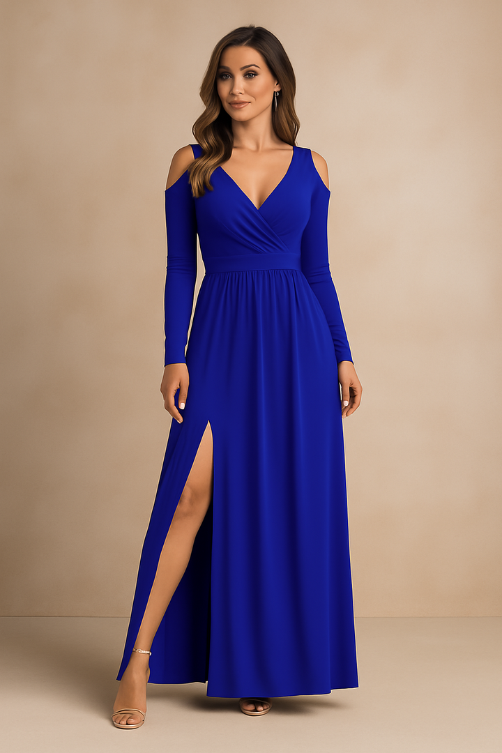 Green flowy maxi dress, an elegant women's special occasion gown, ideal for formal parties and wedding guests.