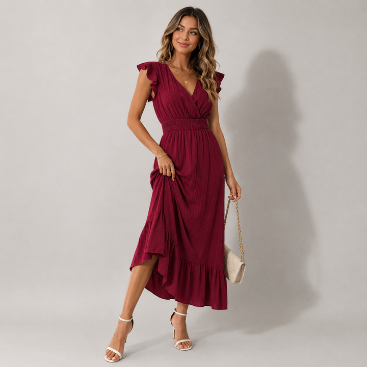 Women's elegant flowy V-neck maxi dress for sophisticated summer evenings, parties & vacation wear.