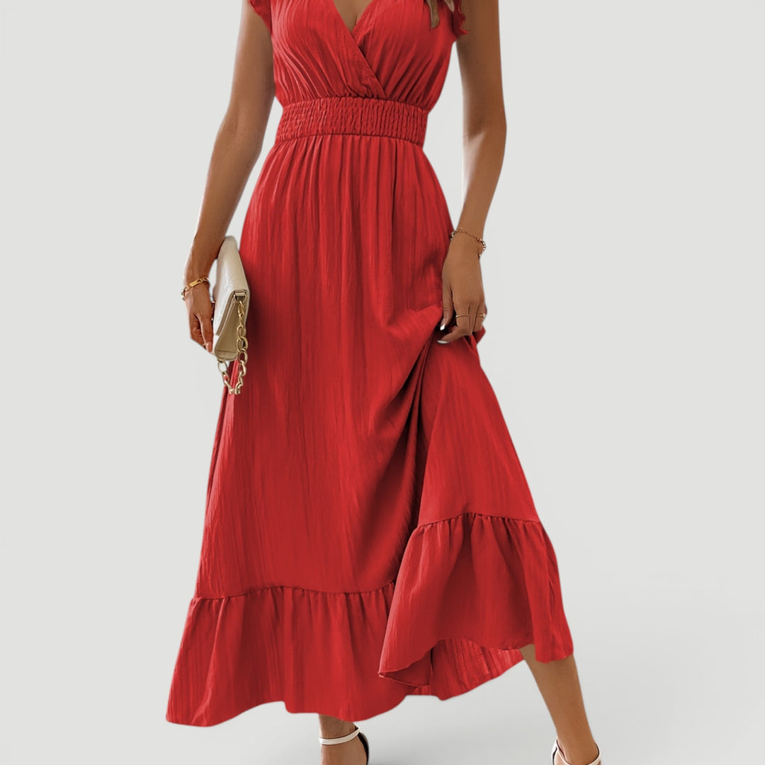 Women's elegant flowy V-neck long maxi dress with ruffles, perfect for summer evening parties & vacation.