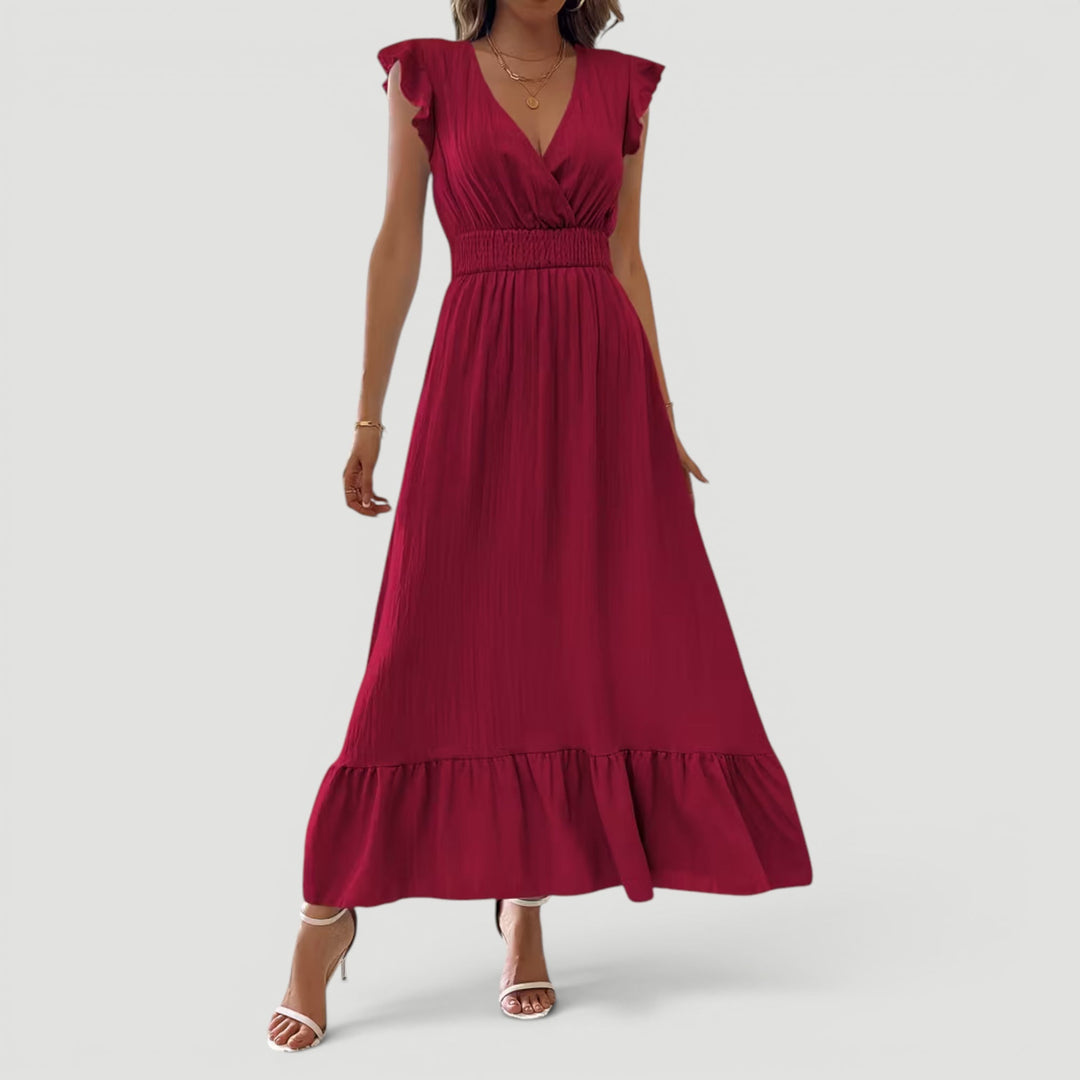 Women's elegant V-neck flowy long maxi dress, ideal for summer evening parties, formal & vacation wear.