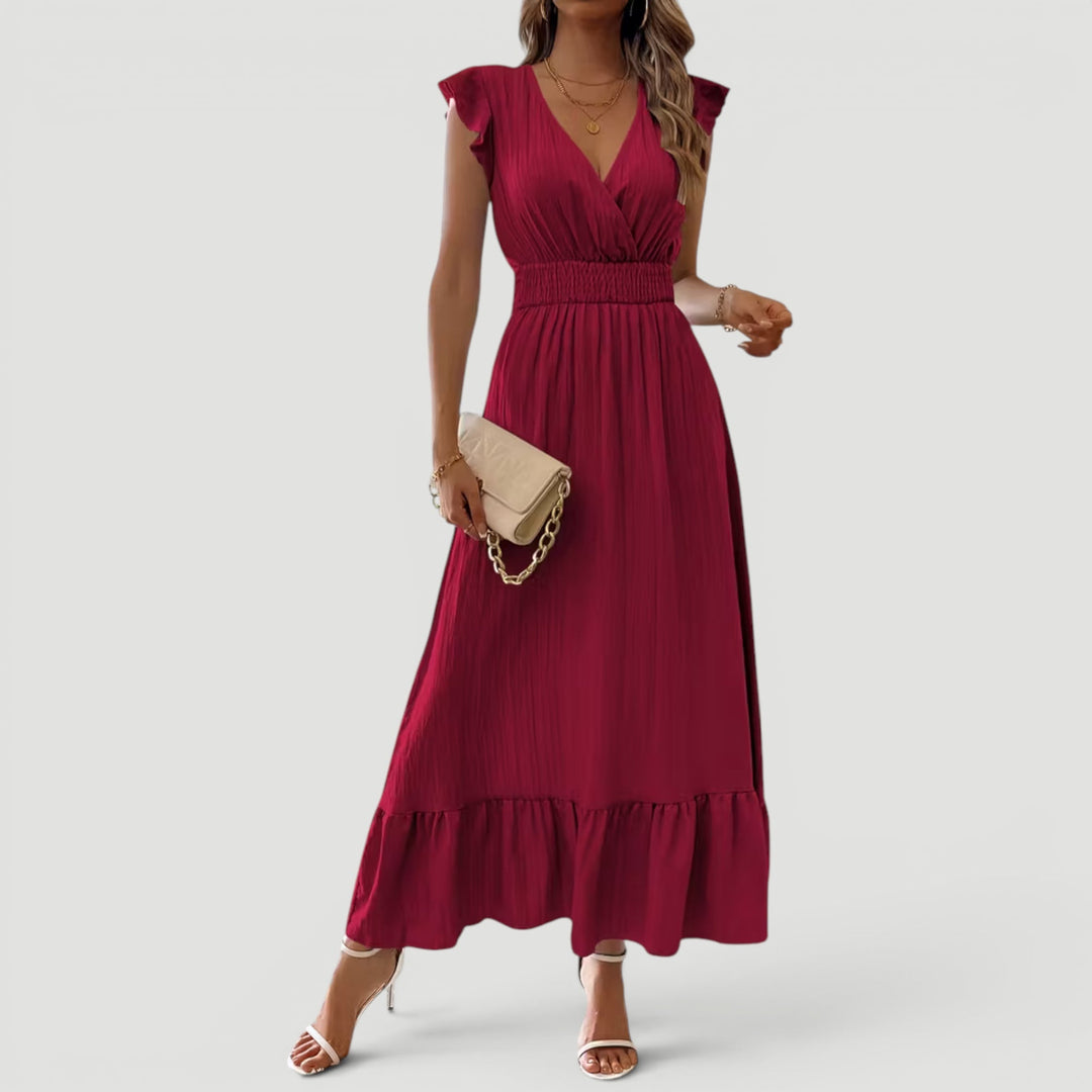 Comfortable women's flowy V-neck maxi dress, chic and elegant for summer evenings & party occasions.