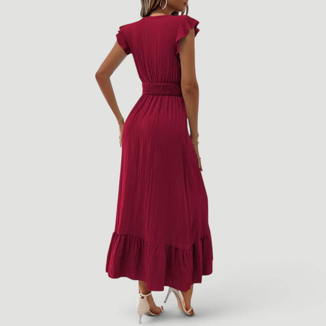 Stylish women's V-neck flowy maxi dress, a long elegant dress for summer evening events & vacations.