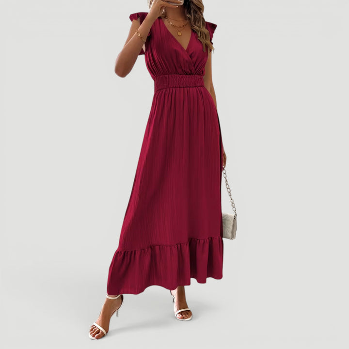 Women's elegant V-neck flowy maxi dress, a sophisticated long summer evening & party dress.