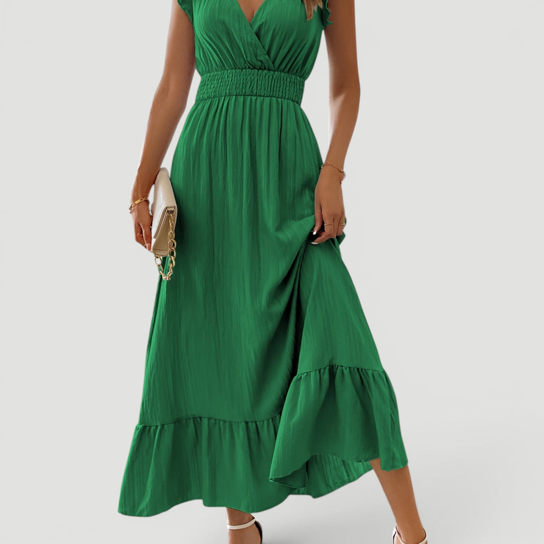 Chic women's V-neck flowy long maxi dress, perfect for elegant summer evening events & parties.