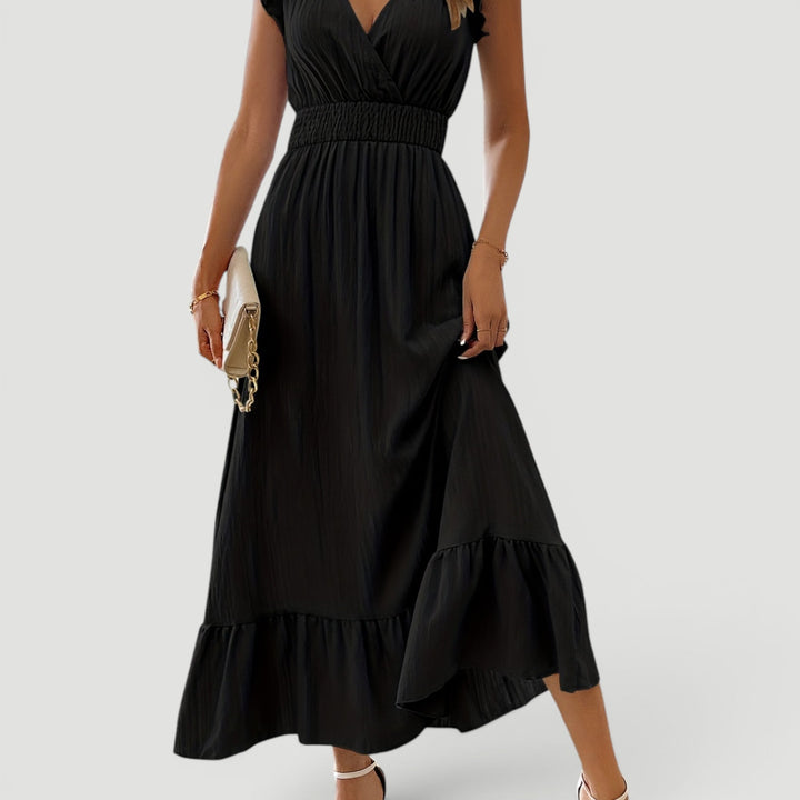 Elegant women's V-neck flowy maxi dress, ideal for summer evening parties, vacation, and formal events.