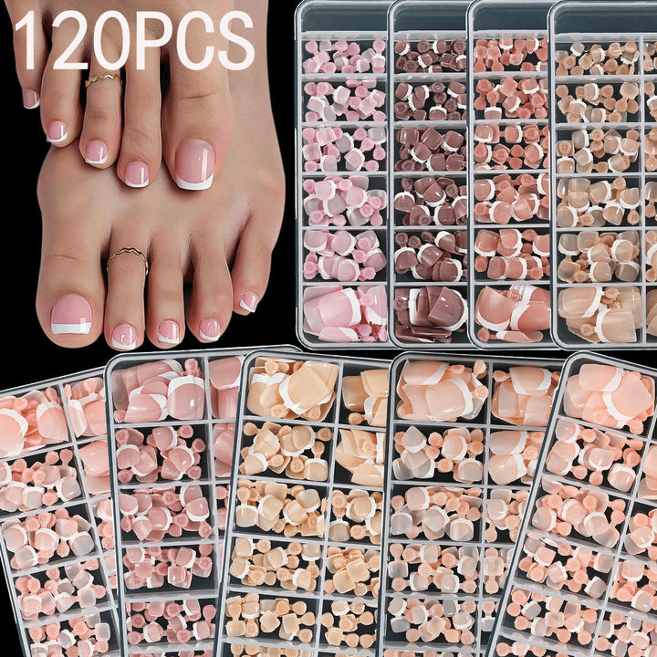Women's elegant French tip gel toenail set, 120 press-on pieces for a perfect home pedicure.