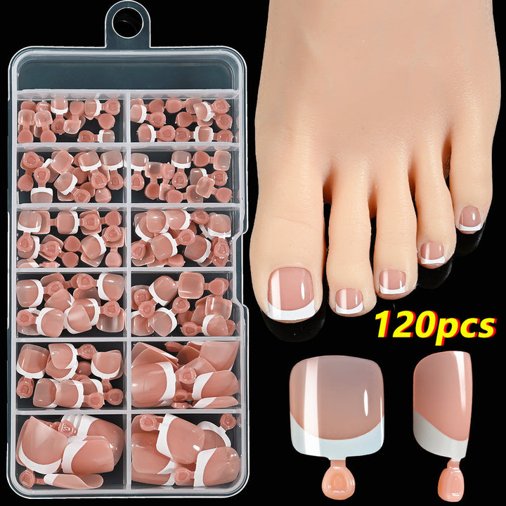Elegant French tip gel artificial toenails, 120 pieces for women's easy application and long-lasting beauty.