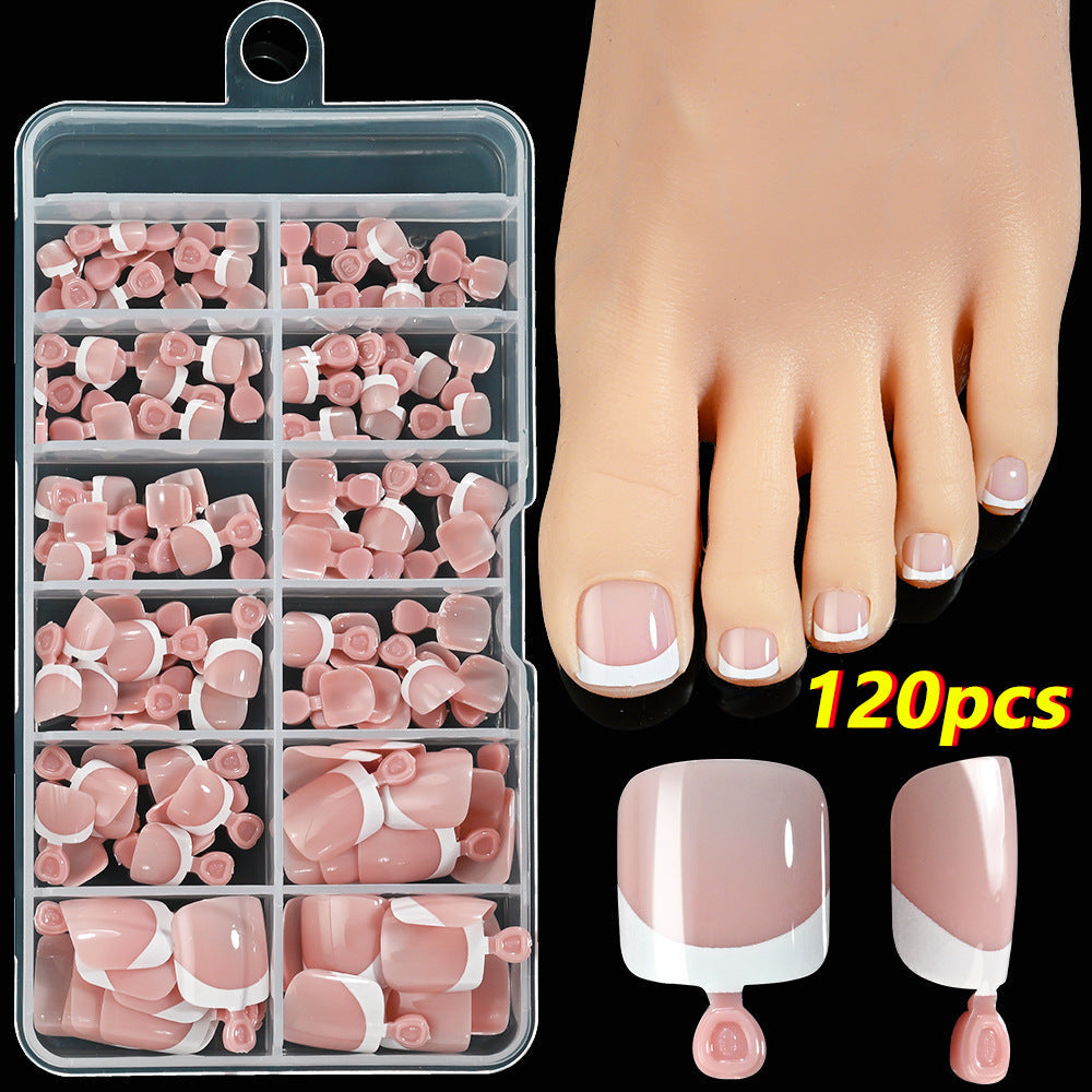 Women's beauty set: 120 elegant French tip gel press-on toenails for a perfect and durable artificial pedicure.