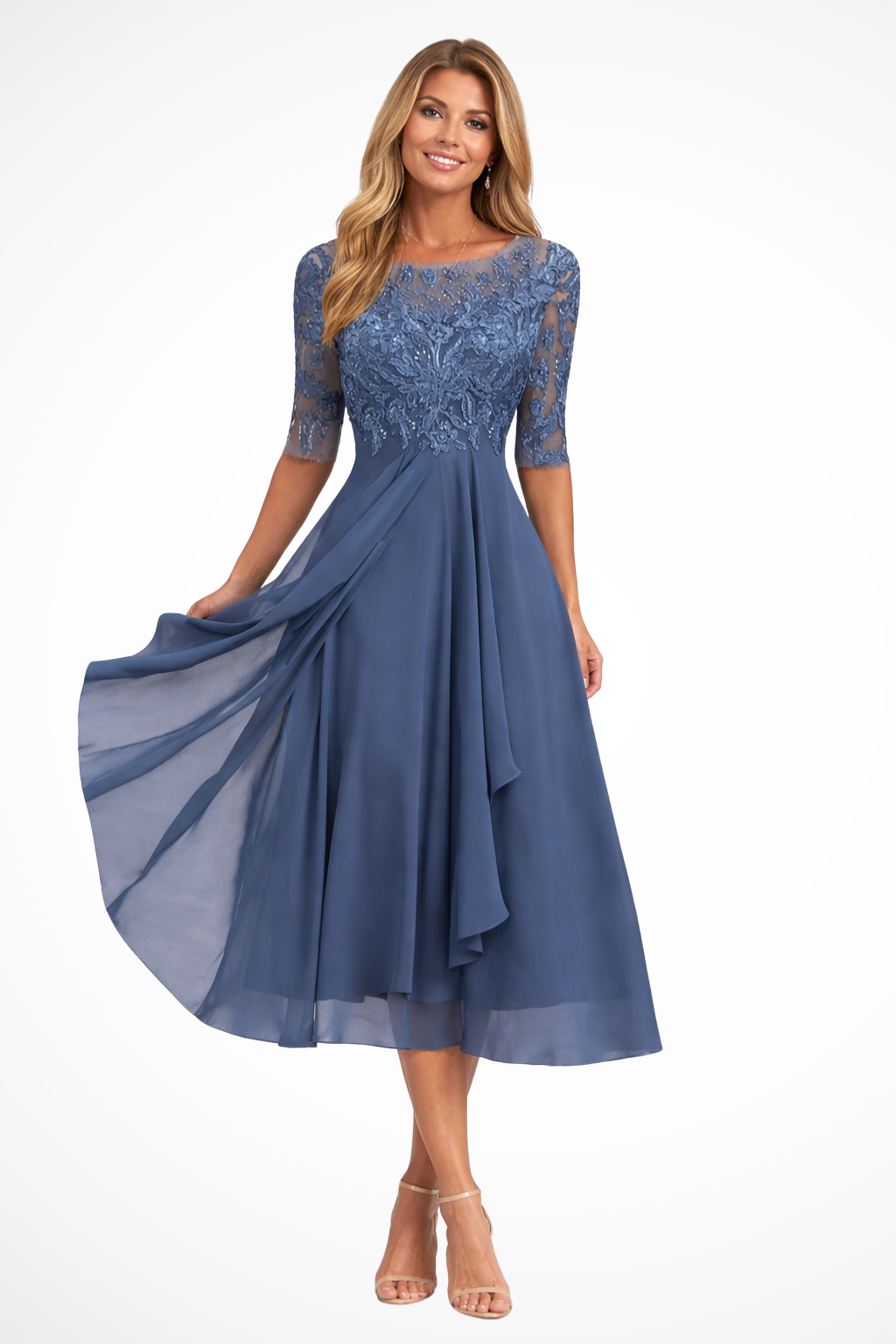 Women's elegant half sleeve midi dress, perfect for wedding guests & special occasions.