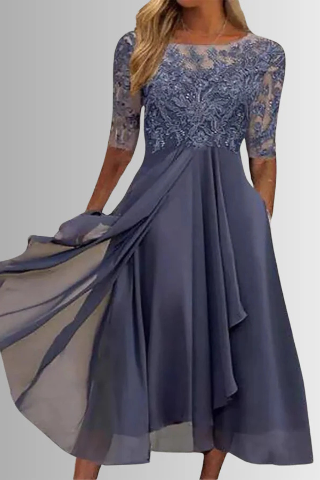 Elegant & chic women's half sleeve midi dress, perfect for wedding guests & formal events.