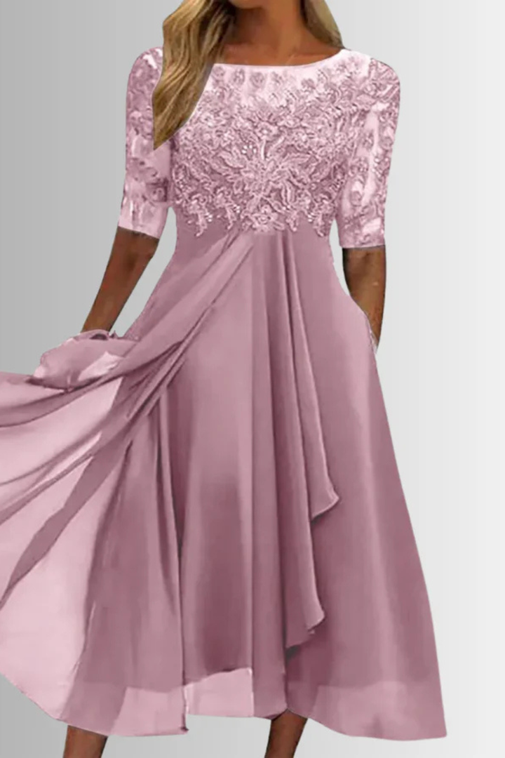Sophisticated women's midi dress with fitted bodice & half sleeves, great for wedding guests.