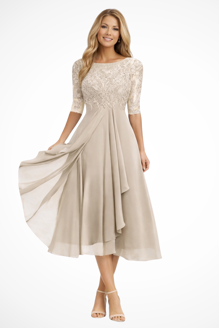 Women's half sleeve midi dress for wedding guests, formal events, and special occasions.