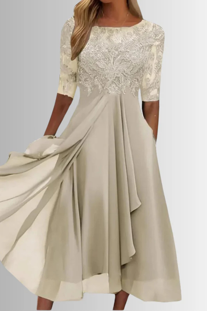 Midi length half sleeve formal dress for women, ideal for elegant wedding guest attire.