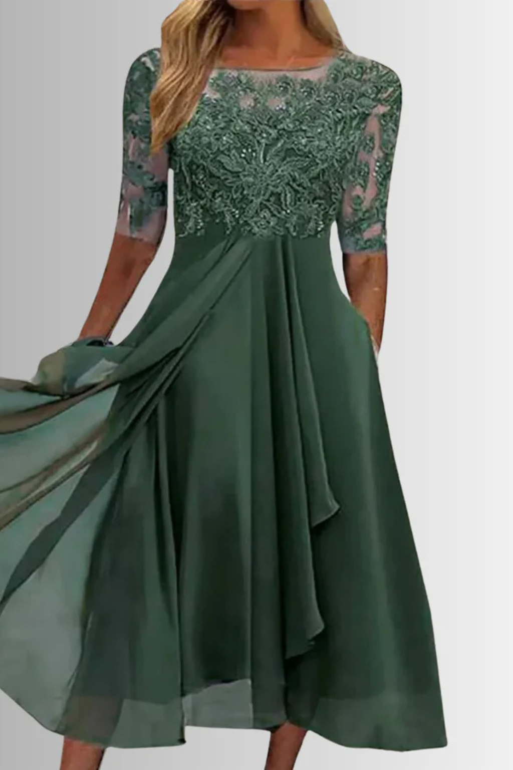 Women's elegant half sleeve midi dress for wedding guests & special occasion wear.