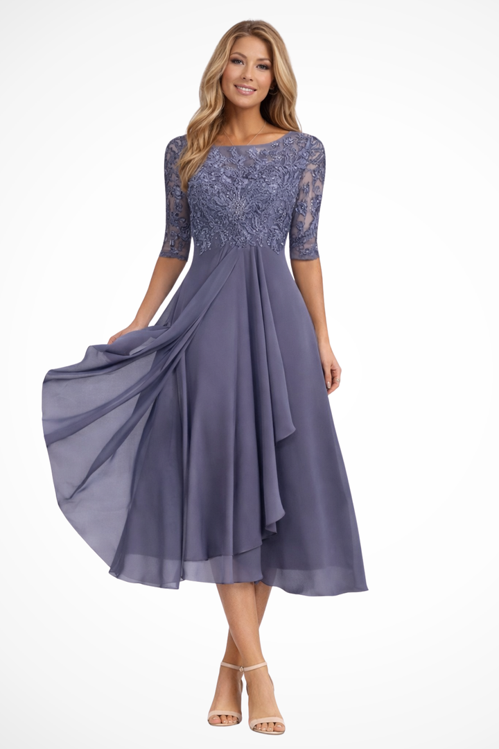 Chic half sleeve midi cocktail dress for women, perfect for wedding guests & party wear.