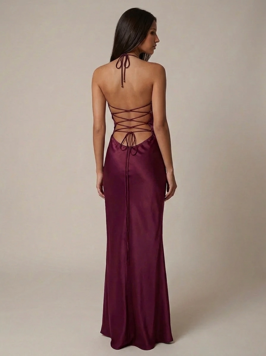 Women's formal wear halter maxi dress, exquisite with pearl beaded details, ideal for evening & galas.
