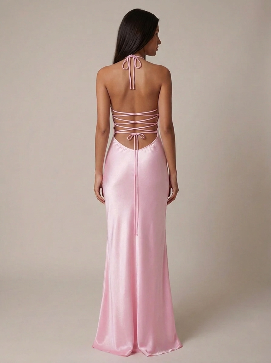 Chic women's pearl beaded halter neck party dress, a long elegant maxi for formal events & evening wear.