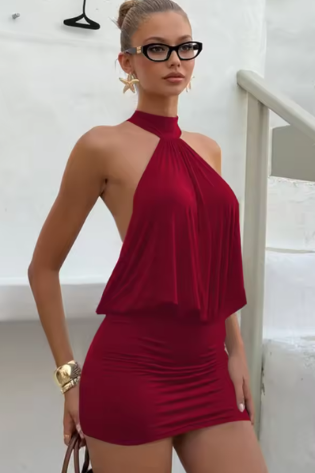 Women's versatile ruched halter neck mini dress. Chic for evening, parties, and special occasions.