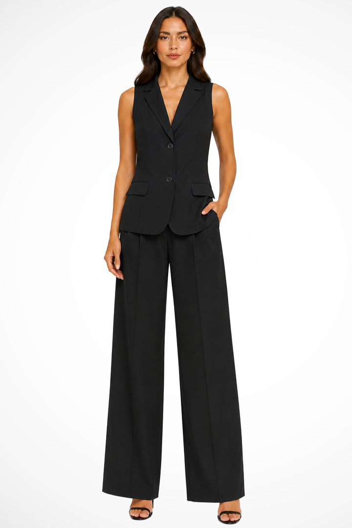 Women's elegant halter neck tailored waistcoat & wide leg suit set. Perfect for business casual or party wear.