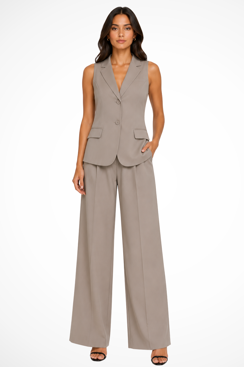 Chic women's matching halter neck waistcoat and wide-leg trousers. A versatile outfit for work or special events.
