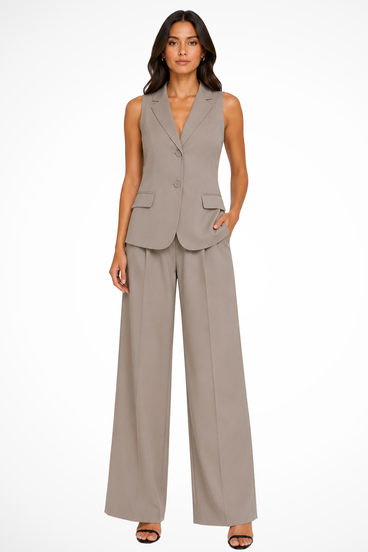 Chic women's matching halter neck waistcoat and wide-leg trousers. A versatile outfit for work or special events.