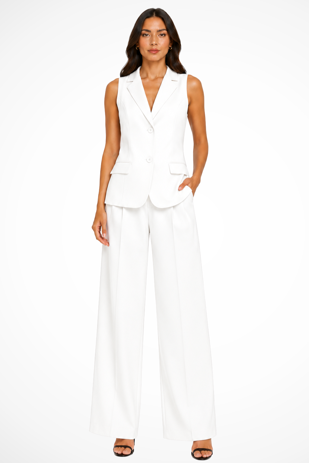 Modern women's suit set: tailored halter neck waistcoat paired with stylish wide-leg pants. Elevate your fashion game.