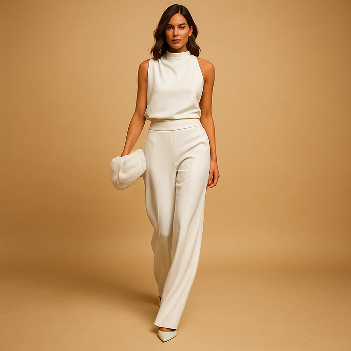 Elegant women's halter neck jumpsuit with a flowing wide leg, showcasing soft fabric and a chic summer style.