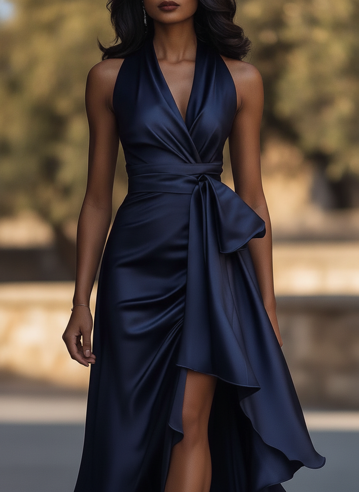 Women's elegant halter ruffle high-low evening gown for formal occasions.