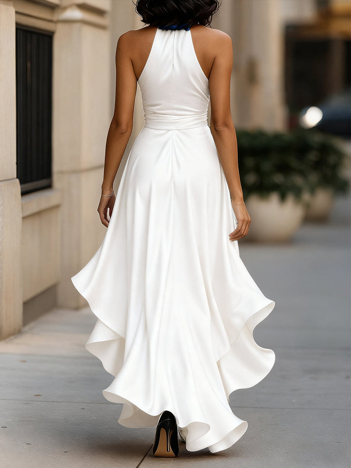 Stylish women's halter high-low cocktail dress with elegant ruffle detail for parties.