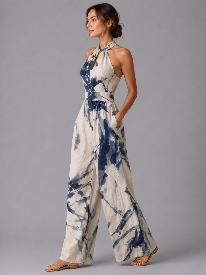 Sleeveless halterneck wide-leg jumpsuit for women, an elegant & effortless style for summer or resort wear.