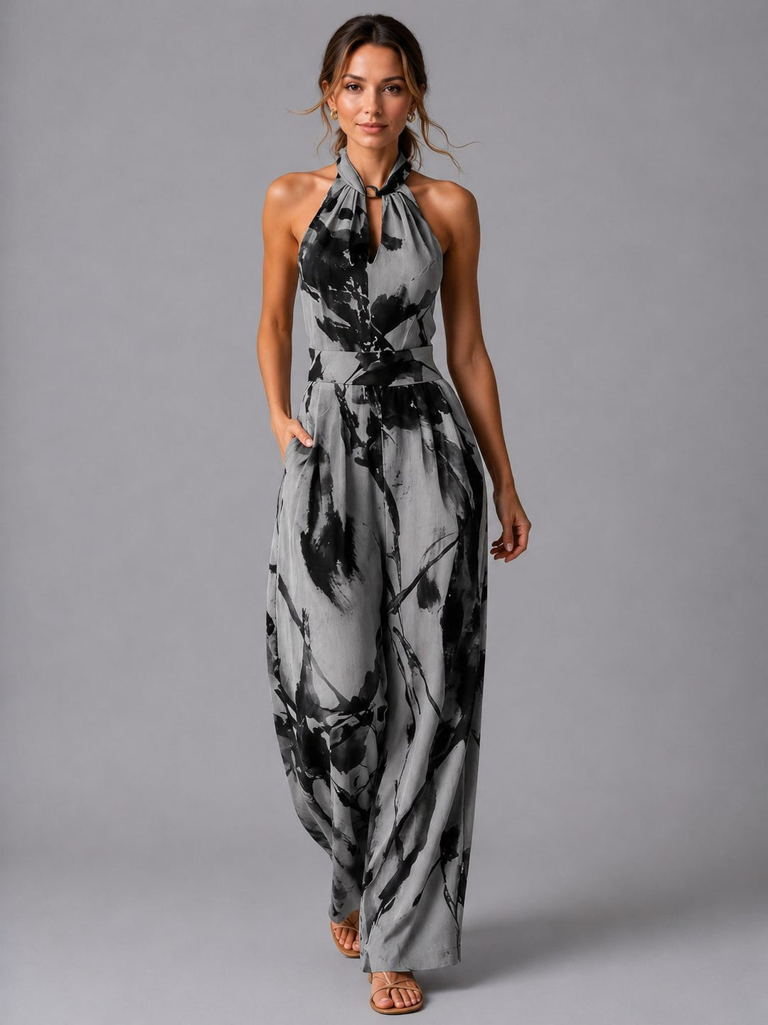 Effortless women's wide-leg halterneck jumpsuit, a comfortable & elegant choice for summer fashion & travel.