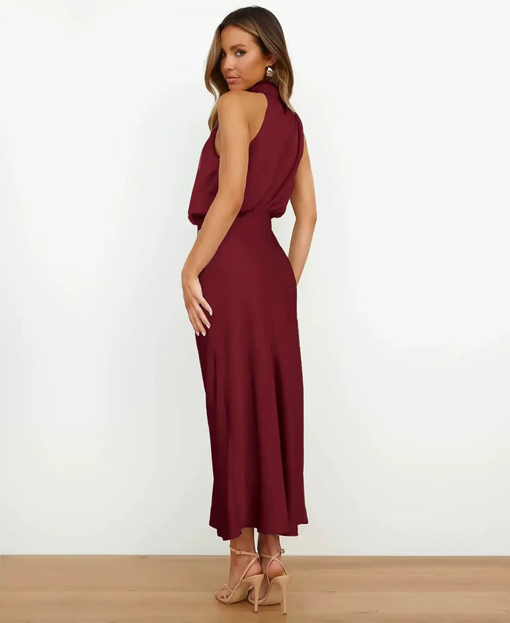 Beautiful women's sleeveless party dress, elegant high waist midi cut.