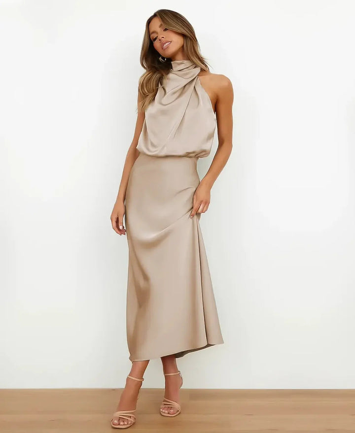 Women's cocktail party dress, elegant high waist sleeveless midi style.