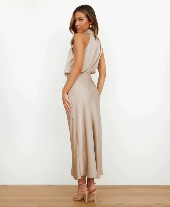 Flattering women's high waist midi dress, elegant & versatile for parties.