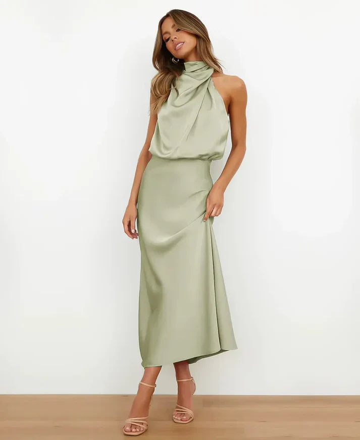 Women's timeless elegant party dress, high waist sleeveless midi design.