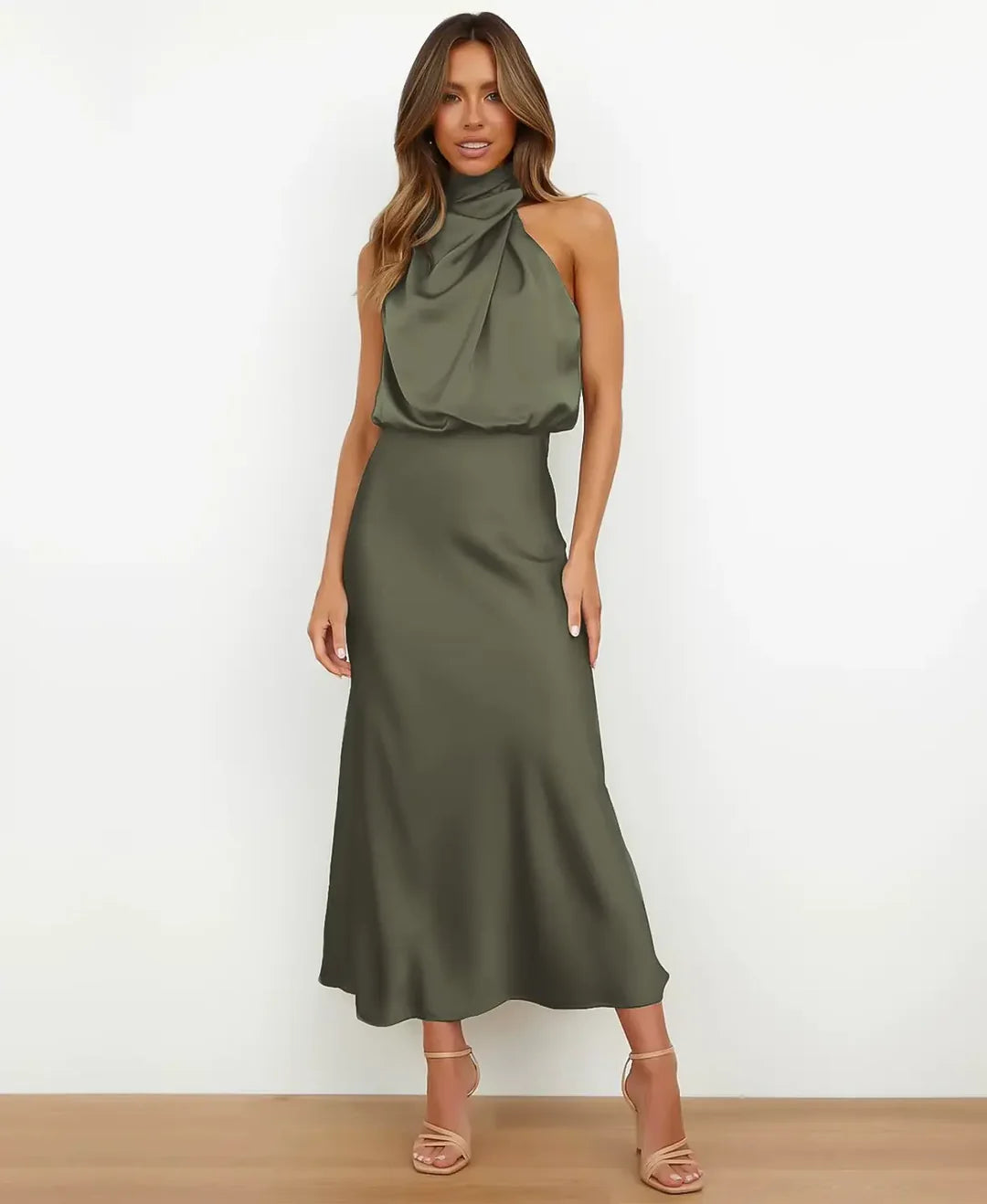 Women's elegant sleeveless high waist midi dress, suitable for any occasion.