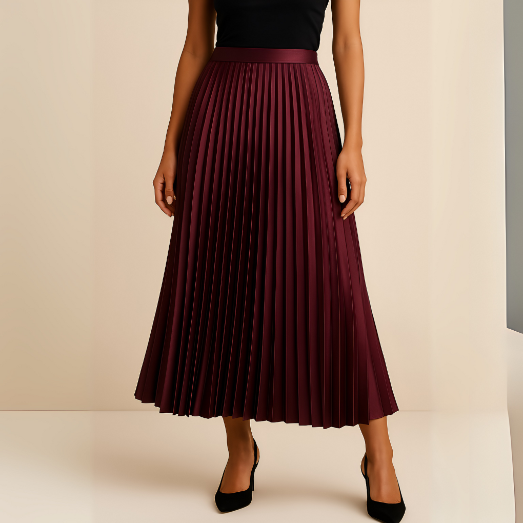Versatile high-waist pleated midi skirt for women, suitable for both office wear and casual outings.